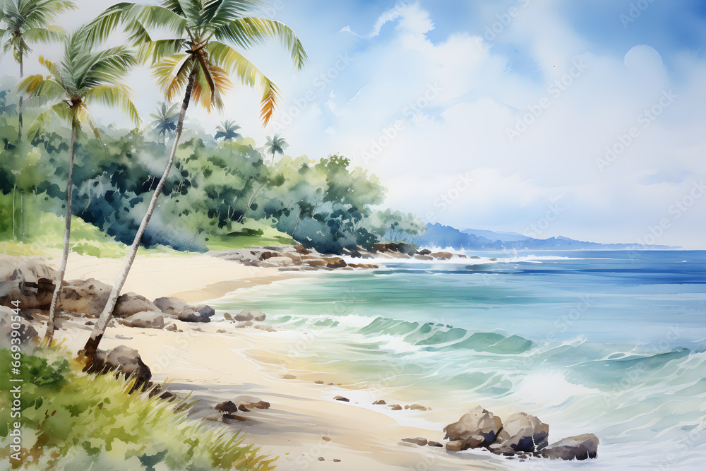 watercolour painting of the tropical beach landscape, a picturesque natural environment - obrazy, fototapety, plakaty 