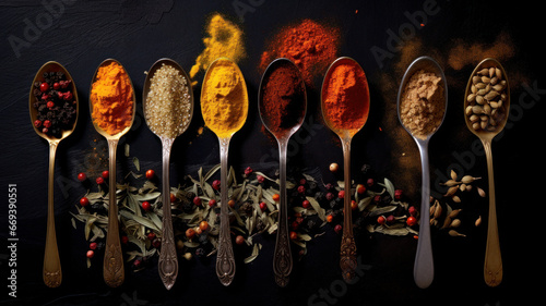 top view spoons with various pepper spices on black surface