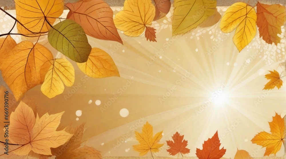 Sunbeams background fresh autumn leaves frame, background image, AI generated