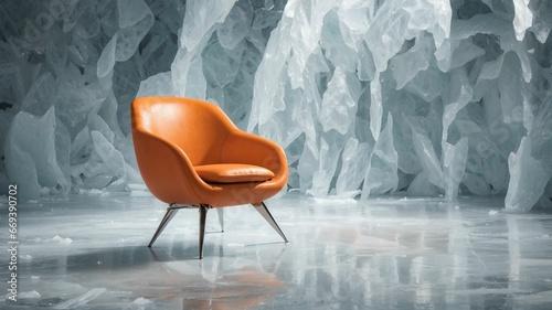 An orange chair was in the middle of the ice hall