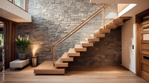 a room with stairs and wood floors  in the style of realistic chiaroscuro lighting  masonry construction  norwegian nature  layered veneer panels