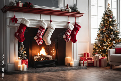 Weihnachtssocken am Kamin hängend . Feuerstelle ,Geschenke und Weihnachstbaum im Hintergrund . KI Generated photo