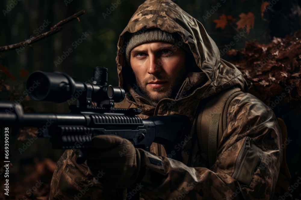 Man wearing camouflage and aiming with hunting rifle. Adult hunter male wild. Generate Ai