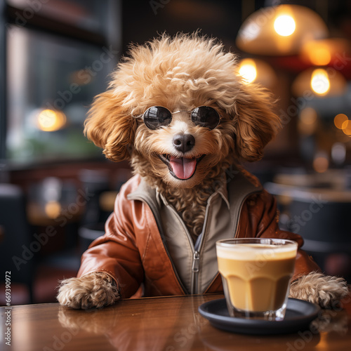 portrait of a cool dog with sunglasses and a cup of coffee
