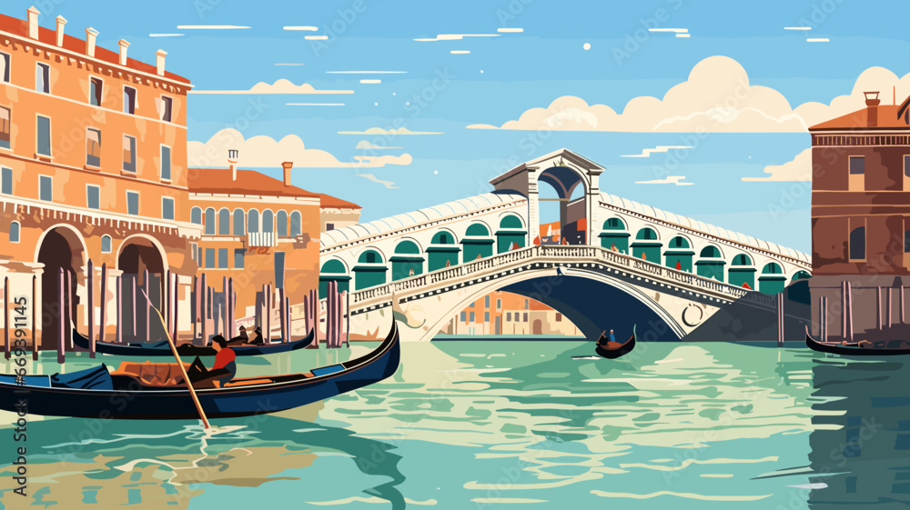 Flat 2D illustration, copy space, flat 2D vector illustration, view of the world famous Rialto bridge in Venice, Italy. Famous touristic spot. Must-see spot. Beautiful architecture. - obrazy, fototapety, plakaty 