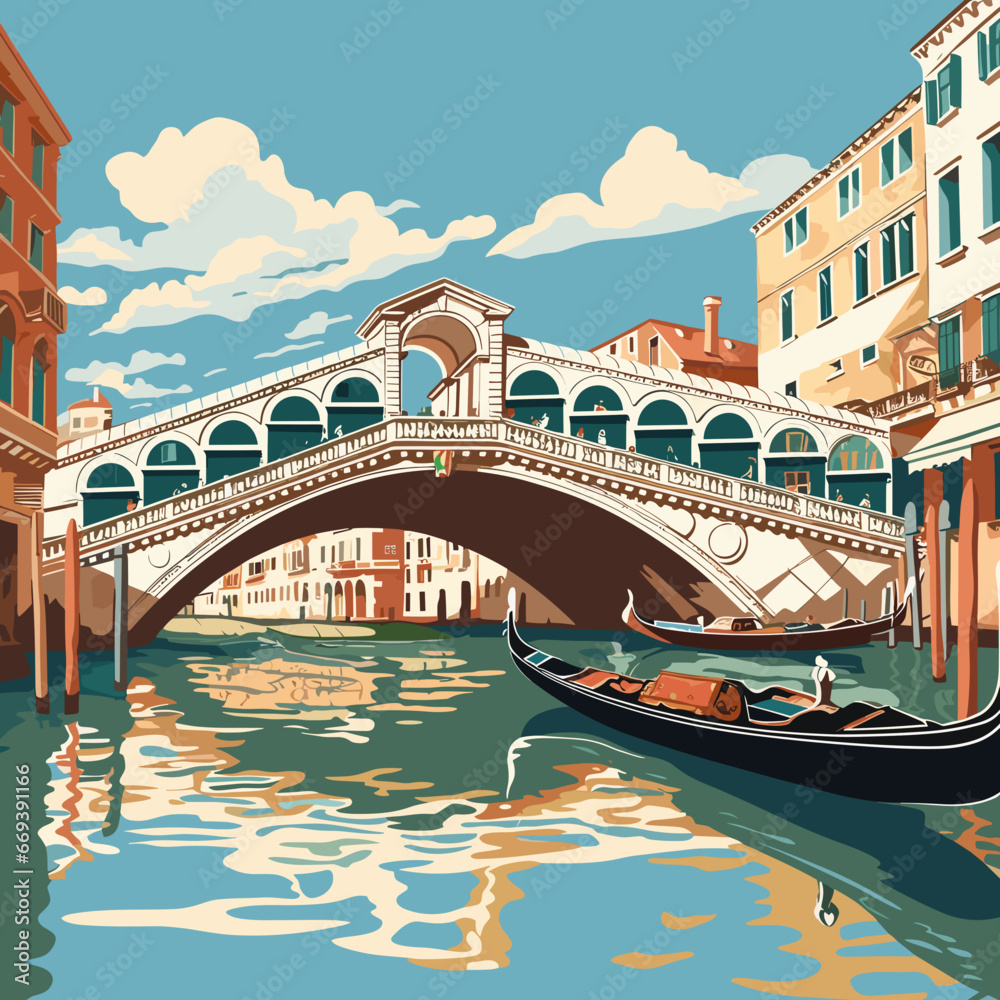 Fototapeta premium Flat 2D illustration, copy space, flat 2D vector illustration, view of the world famous Rialto bridge in Venice, Italy. Famous touristic spot. Must-see spot. Beautiful architecture.