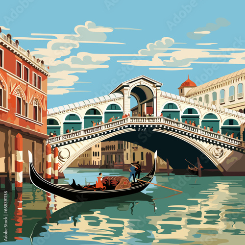 Flat 2D illustration, copy space, flat 2D vector illustration, view of the world famous Rialto bridge in Venice, Italy. Famous touristic spot. Must-see spot. Beautiful architecture.