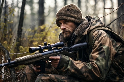 Man wearing camouflage and aiming with hunting rifle ammo. Outdoor shot danger sport. Generate Ai photo