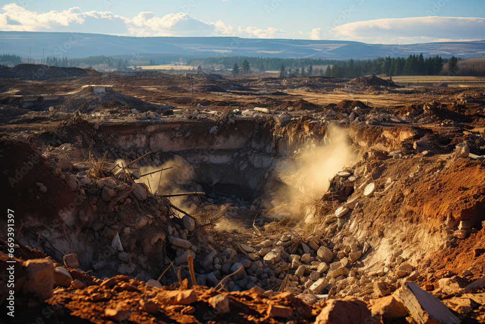 an open pit with rocks and dirt in the foreground, as seen from behind it on a clear blue sky day