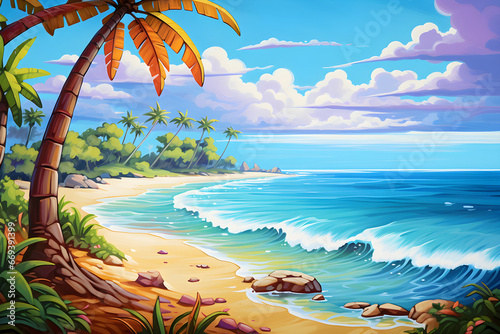 colourful cartoon painting of the tropical beach landscape 