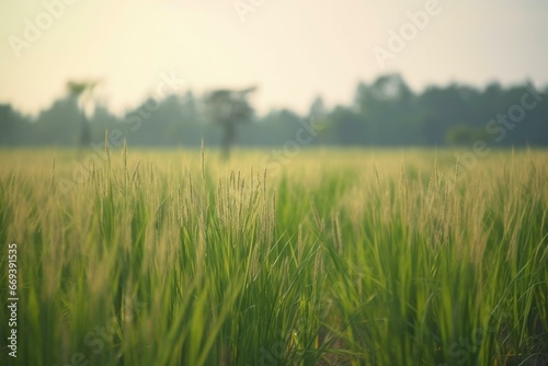 Blurred rice field backdrop depicting advanced farming techniques for enhanced agricultural yield. Generative AI
