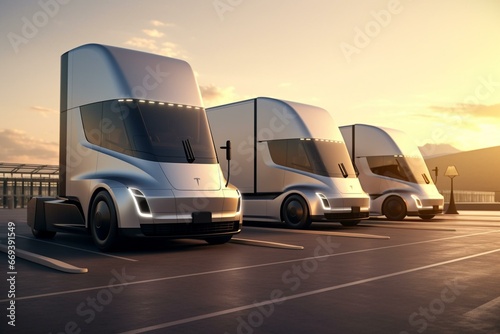 Image featuring trucks and charging station. Concept. Generative AI