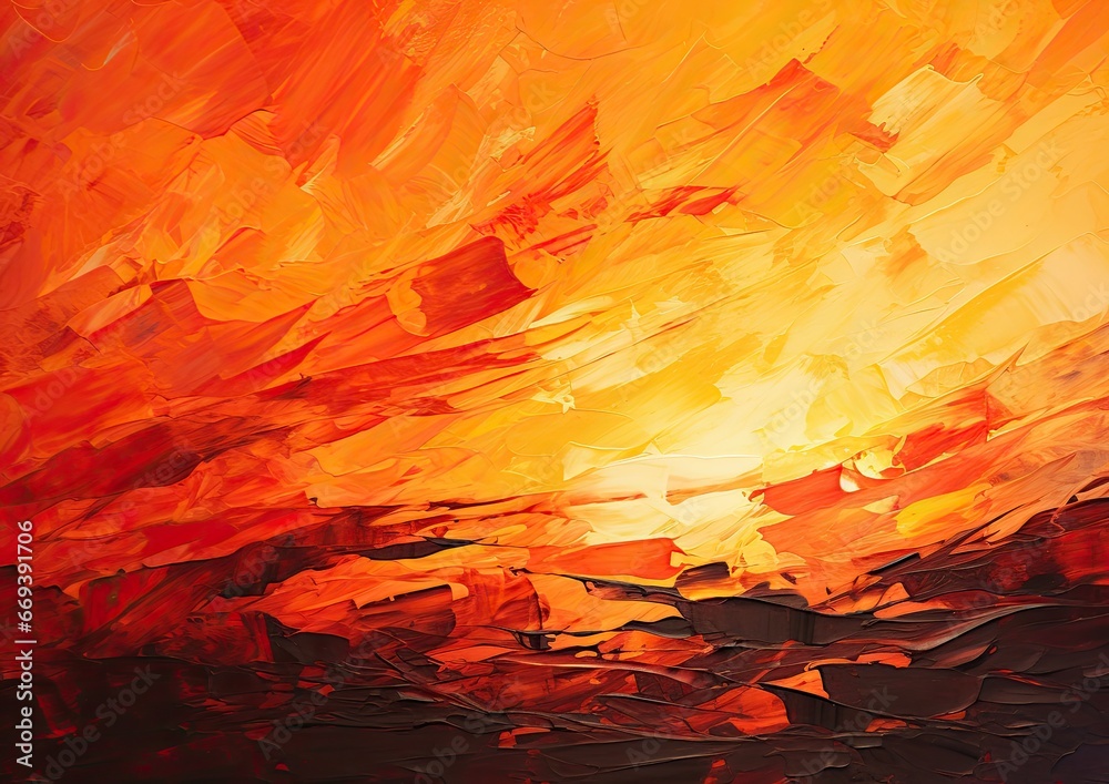 An abstract expressionist artwork inspired by the vibrant hues of an orange sunset. The background