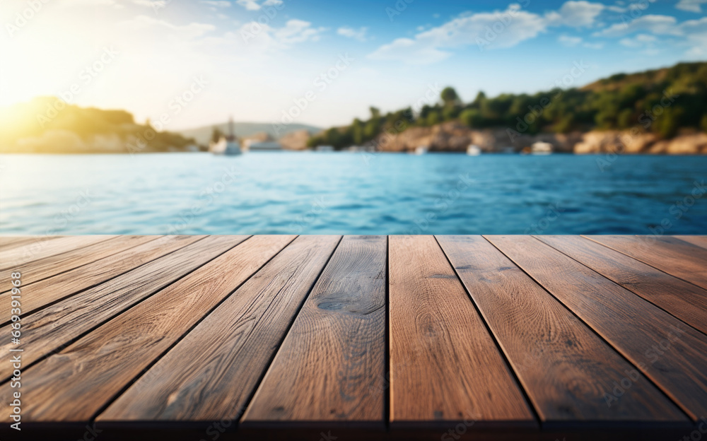 wooden deck with blue water in the background