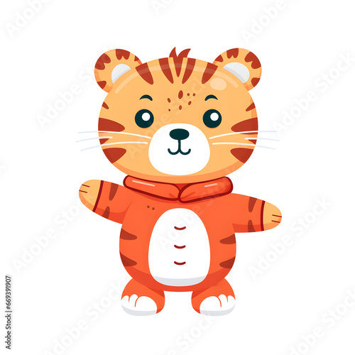 simple block colour illustration of cute tiger with outstretched arms isolated on white background