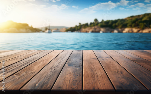 wooden deck with blue water in the background