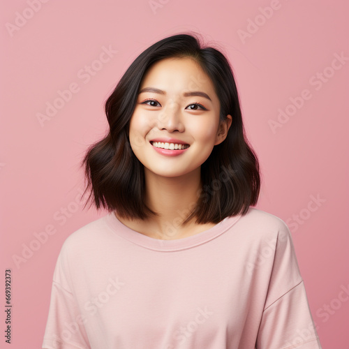 portrait of a woman, pink t shirt portrait of a smiling girl in pink background studio space  © AVishka