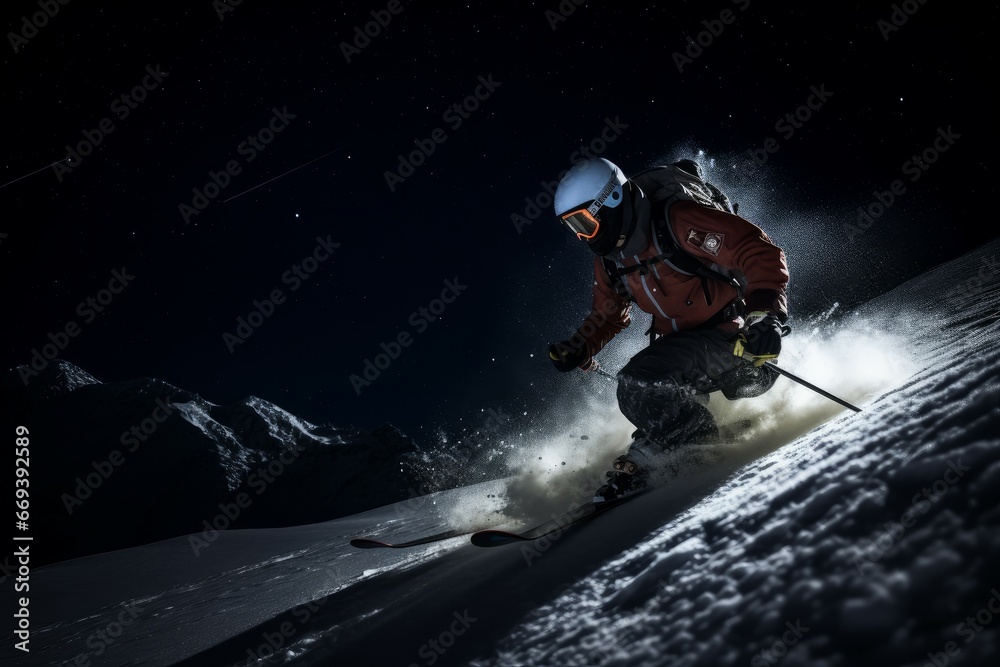 Midnight skiing in mountains frost man. Extreme activity masculine full activity. Generate Ai