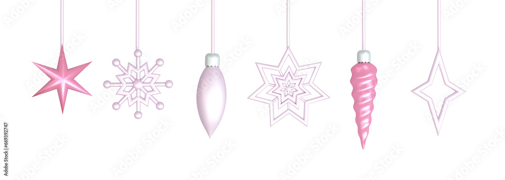 A few toys for the new year snowflake, cone, asterisk. New Year's concept warm cozy holiday atmosphere Christmas themed toys. 3d render illustration design concept.