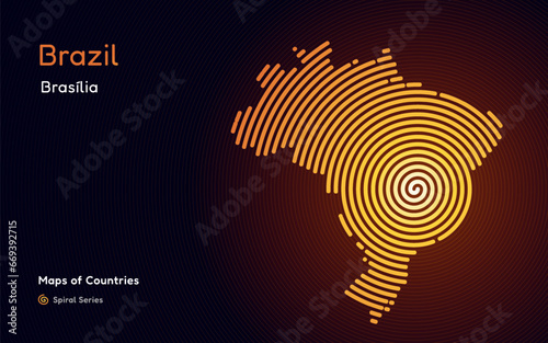Abstract gold map of Brazil with circle lines. identifying its capital city, Brasilia.  American set. Spiral fingerprint series