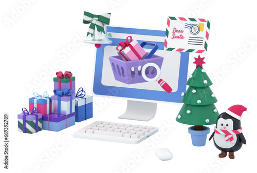 Santa Claus ordered Christmas gifts for the new year. The concept of a computer that depicts a website with a selection of gifts for the new year. 3d render illustration design concept.