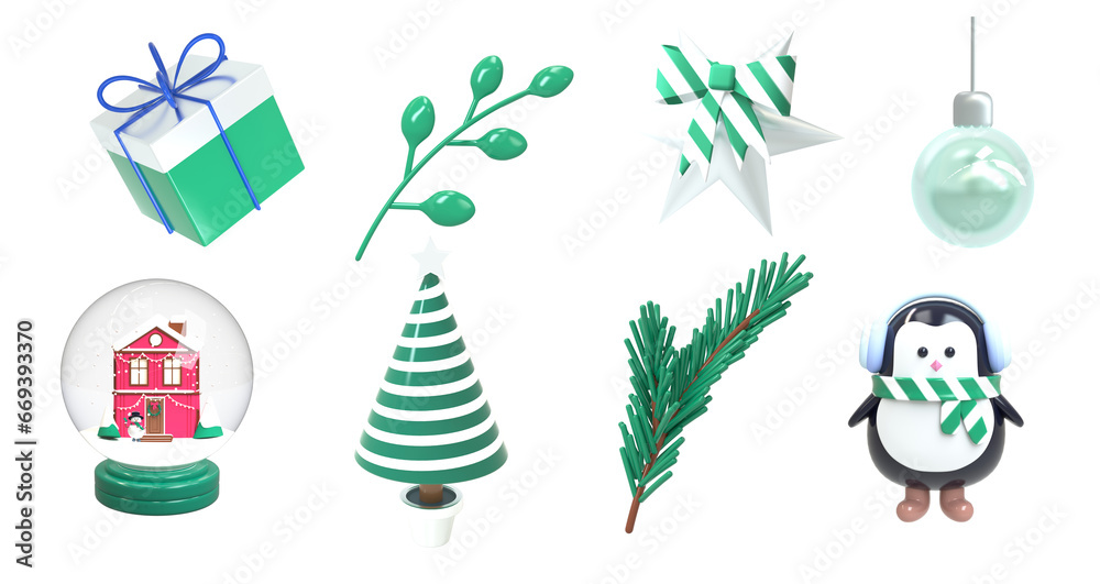 Fototapeta premium Set of Christmas icons of penguin, Christmas tree, house, gift New Year holiday. The concept of the New Year is a warm, cozy holiday atmosphere. 3d render illustration design concept.