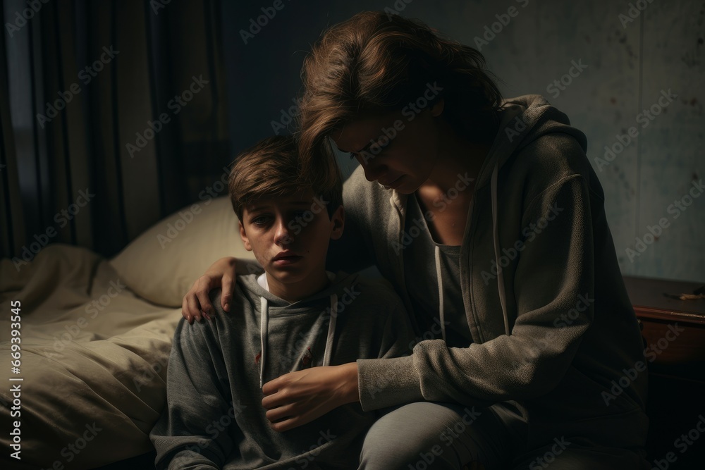 Mother consoling her upset son in bedroom house. Emotion day of parent and kid. Generate Ai