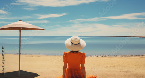 woman is sitting in the beach with an umbrella © hakule