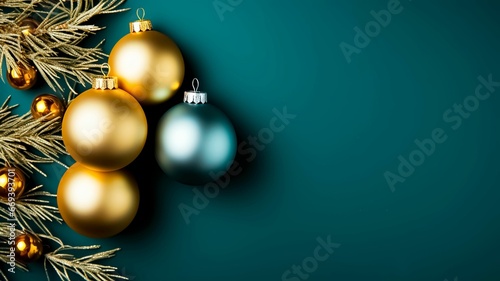 An AI illustration of three christmas ornaments are on the table next to some gold and green decorat photo