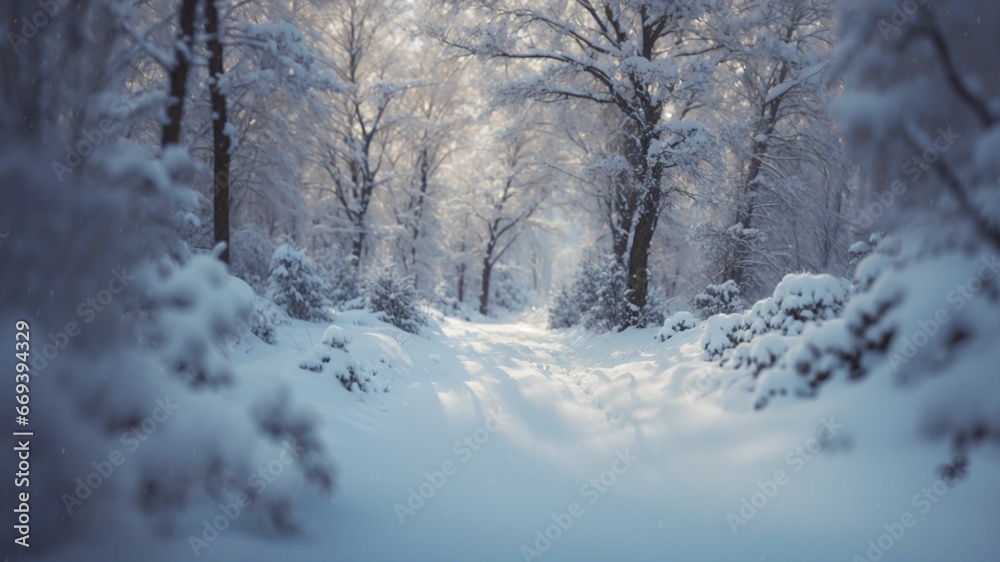 Fototapeta premium a snowy path through a forest with trees covered in snow