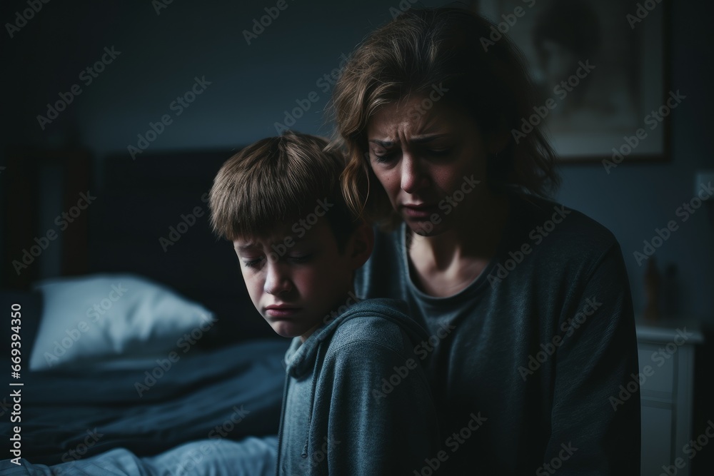 Cute sad mother consoling her upset son in bedroom. Tunes emotion day of kid. Generate Ai Cute sad mother consoling her upset son in bedroom. Tunes emotion day of kid. Generate Ai