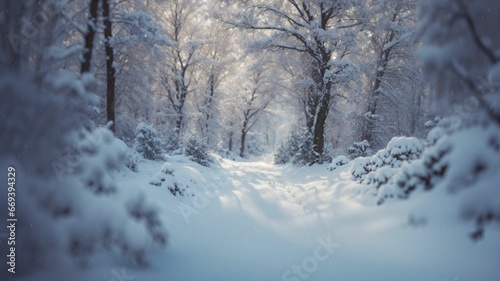 a snowy path through a forest with trees covered in snow