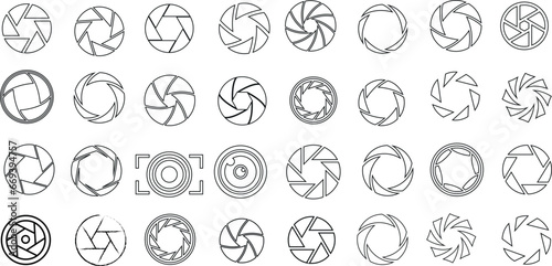 Camera shutter vector illustrations, black and white unique designs set. the set of  Camera shutter are Essential for photographers, graphic designers, and shutterbugs.