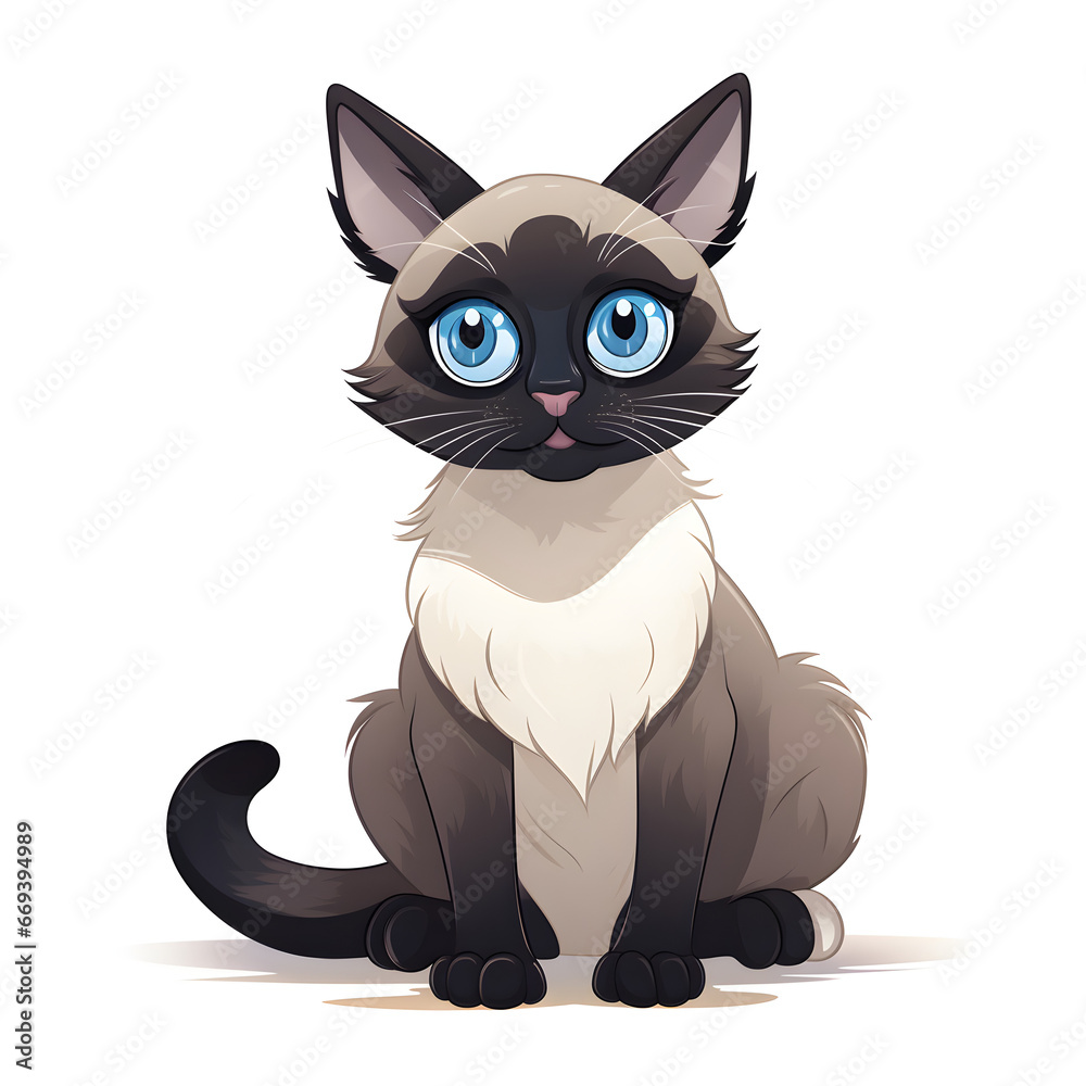 colourful cartoon illustration of cute siamese cat isolated on white background