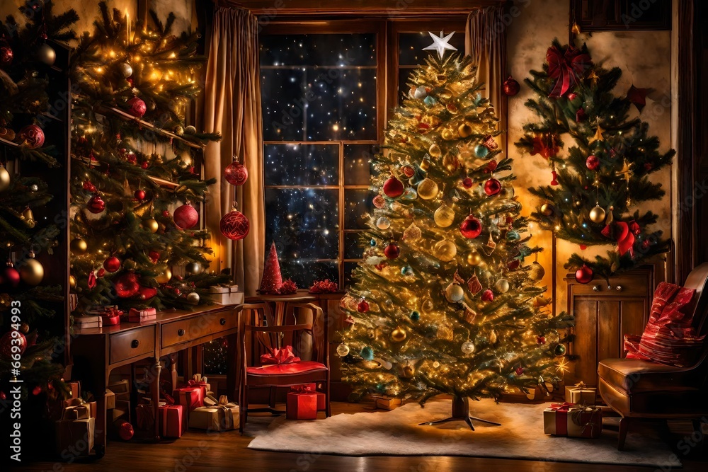 A beautifully decorated Christmas tree adorned with twinkling lights and colorful ornaments.