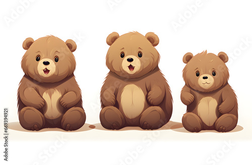 illustration of three cute cartoon bears sitting isolated on white background