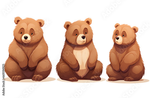 illustration of three cute cartoon bears sitting isolated on white background