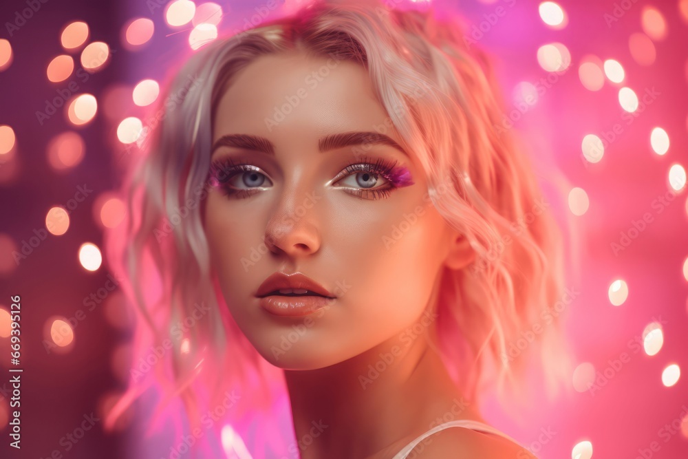 Blonde pretty girl with pink glitter makeup. Female model portrait on rosy lights background. Generate ai