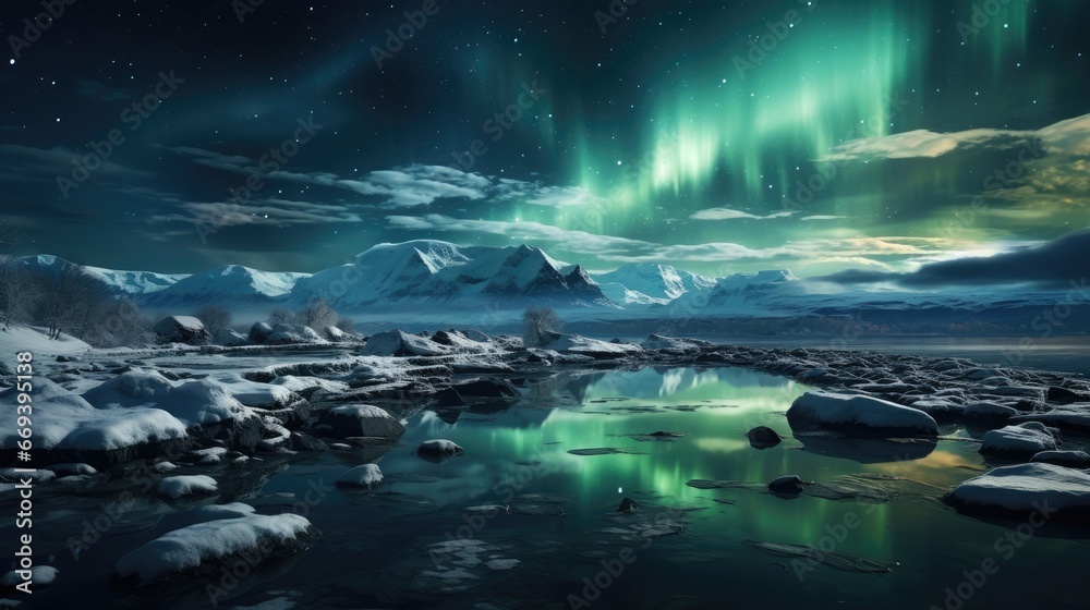 Aurora Borealis Northern Lights and icebergs in the glacier lagoon. Landscape photography concept.