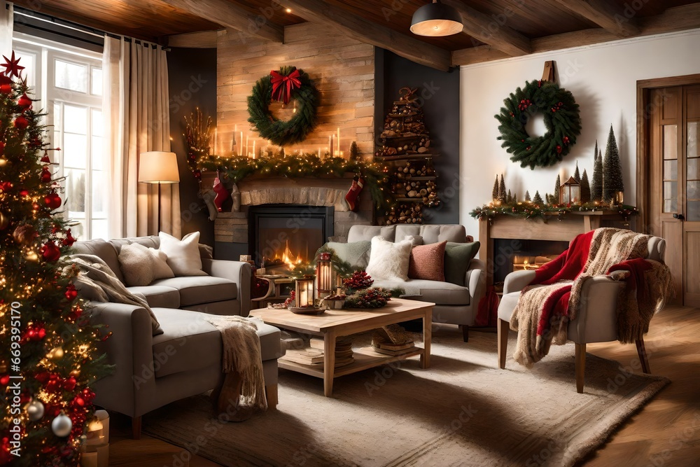 A cozy living room with a roaring fireplace,  hanging, and a Christmas wreath on the wall.
