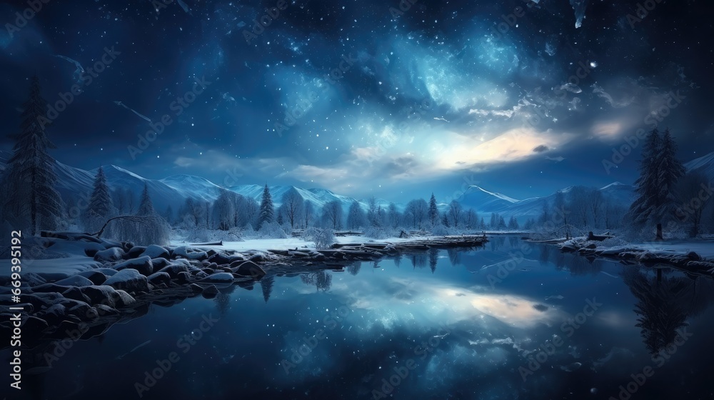Night clear sky background with many stars over the cold water surface.