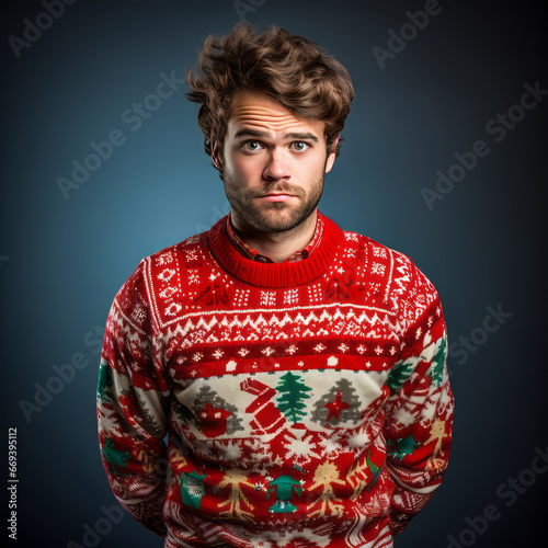 Man Wearing Ugly Christmas Sweater. Generated Image. A digital rendering of a man wearing an ugly Christmas sweater.