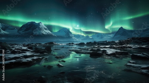 The fairytale Northern Lights of the Aurora Borealis over the icebergs in the glacier lagoon.