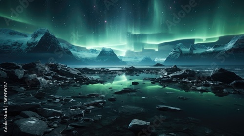 Aurora Borealis Northern Lights and icebergs in the glacier lagoon. Landscape photography concept.