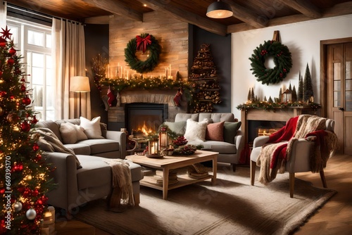 A cozy living room with a roaring fireplace   hanging  and a Christmas wreath on the wall.