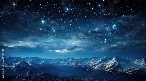 Night clear sky background with lots of stars over the snowy ground landscapes. © Irina
