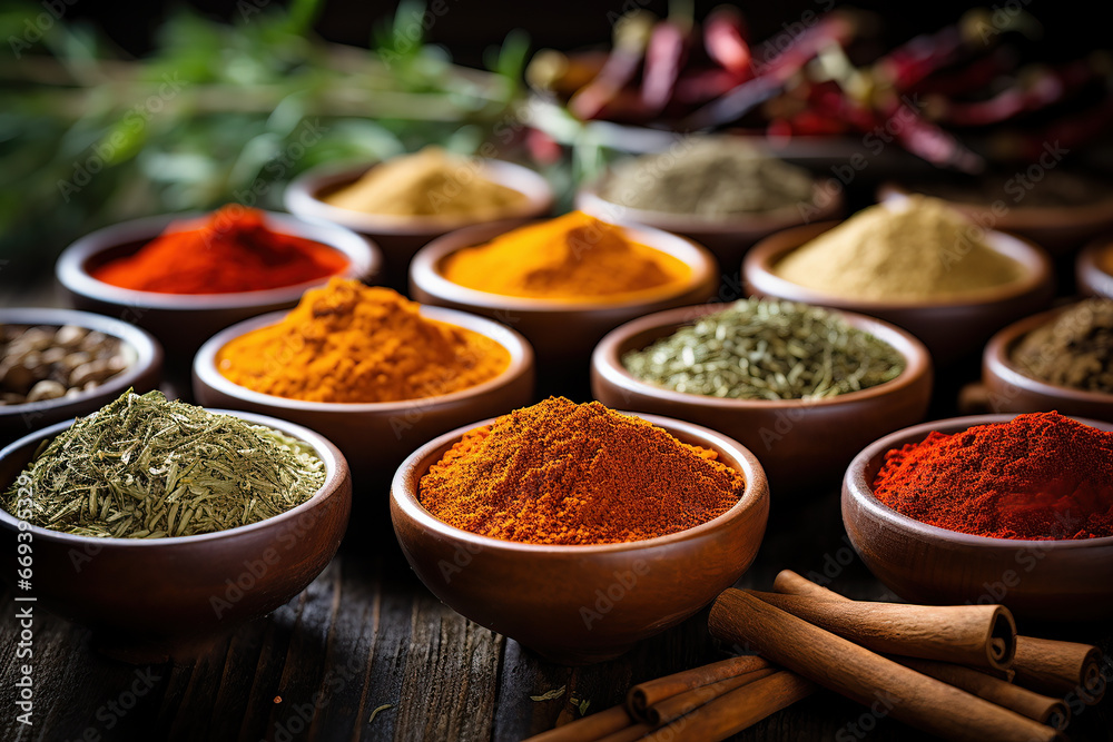 Colorful spices on a textured wooden board.