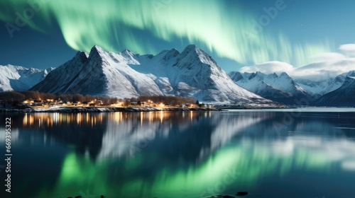 Aurora Borealis over settlements in Norway  northern lights in clear sky