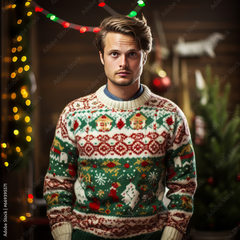 Man Wearing Ugly Christmas Sweater.  Generated Image.  A digital rendering of a man wearing an ugly Christmas sweater.