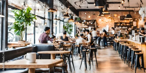 Obraz Bright Blur coffee shop with people in walking in blurred motion in coffee shop space